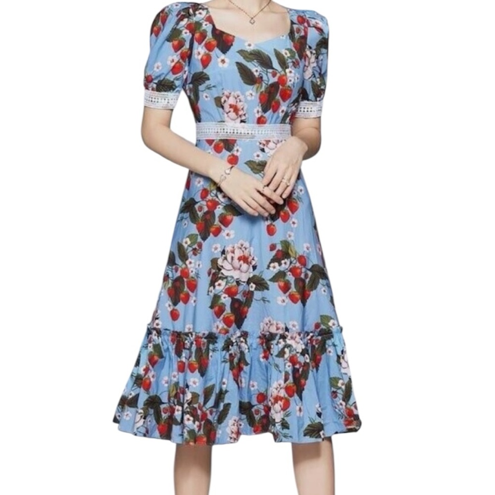 NWT! Midi Turquoise Floral Cotton Short Sleeve Dress Size S